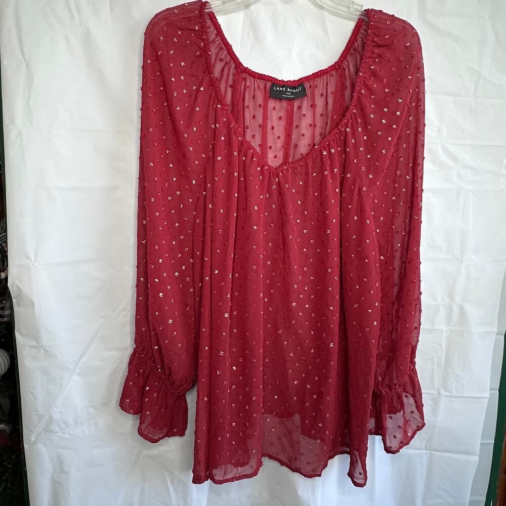 Lane Bryant Classic V-Neck Sheer Clip Dot Top Maroon Size 18/20